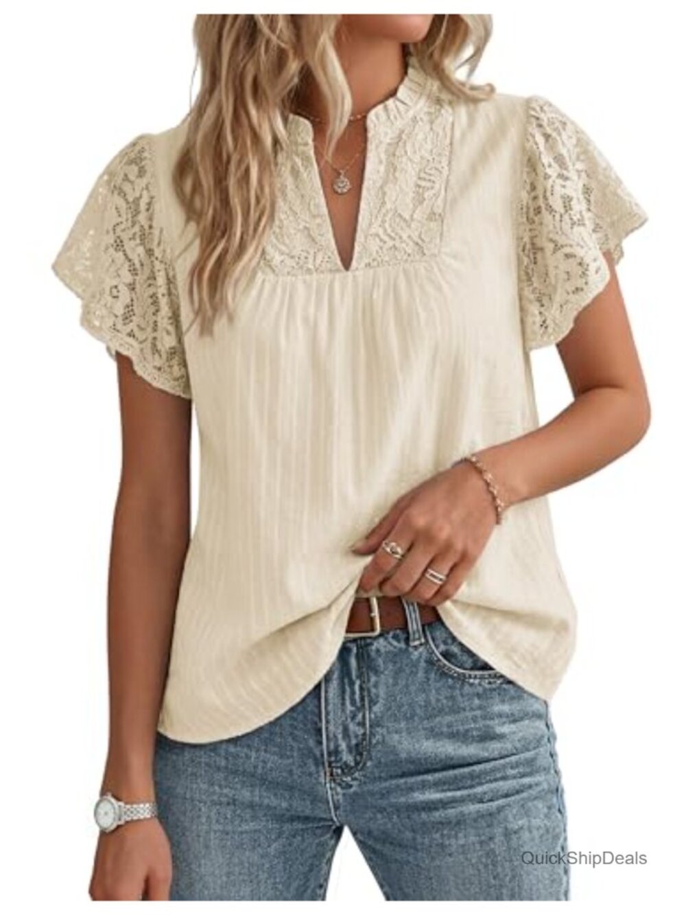 Lace Short Sleeve V Neck Cotton Blouse Babydoll Pleated Top
